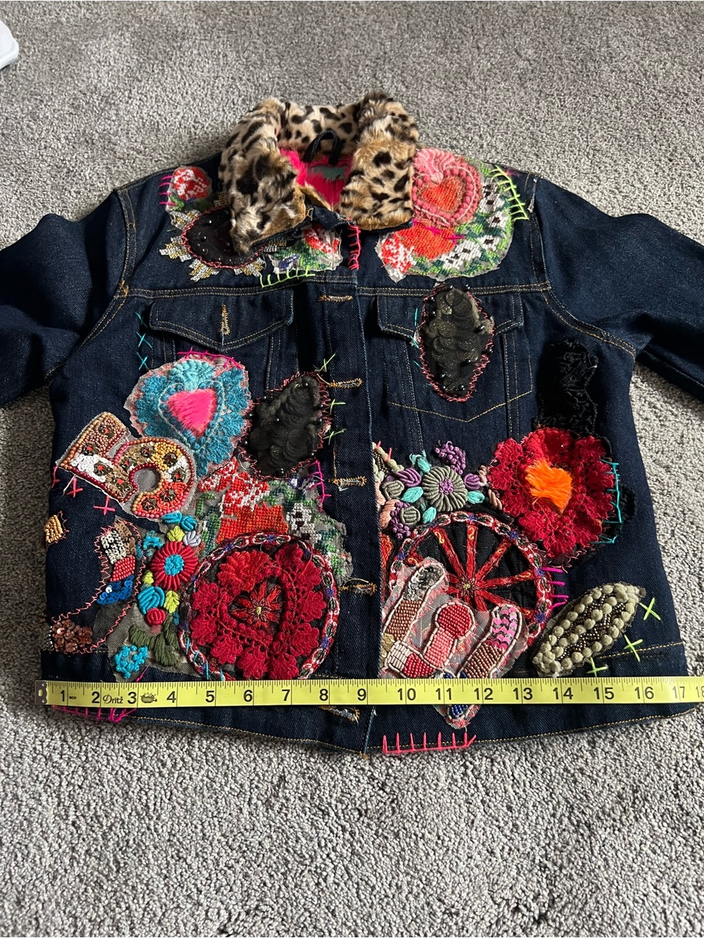 Antica Santoria Embroidered Denim Jacket with Fuschia and Leopard Trim - Picture 10 of 15